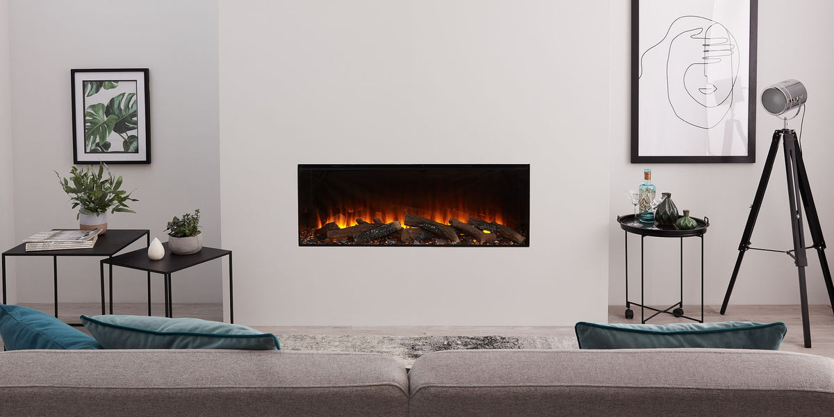 British Fires New Forest 1200 electric fire installed in a media wall
