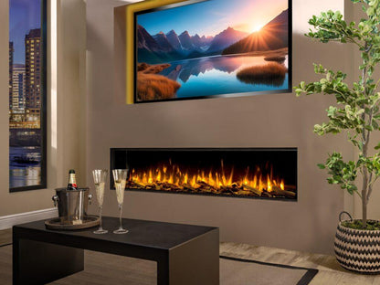 Charlton & Jenrick iRange i1800e Deep in a media wall with orange flame and Real Oak Premium logs