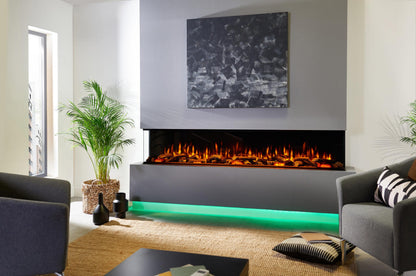 Charlton & Jenrick iRange i2200e Deep three-sided in a feature wall with orange flame, LEDs and woodland logs
