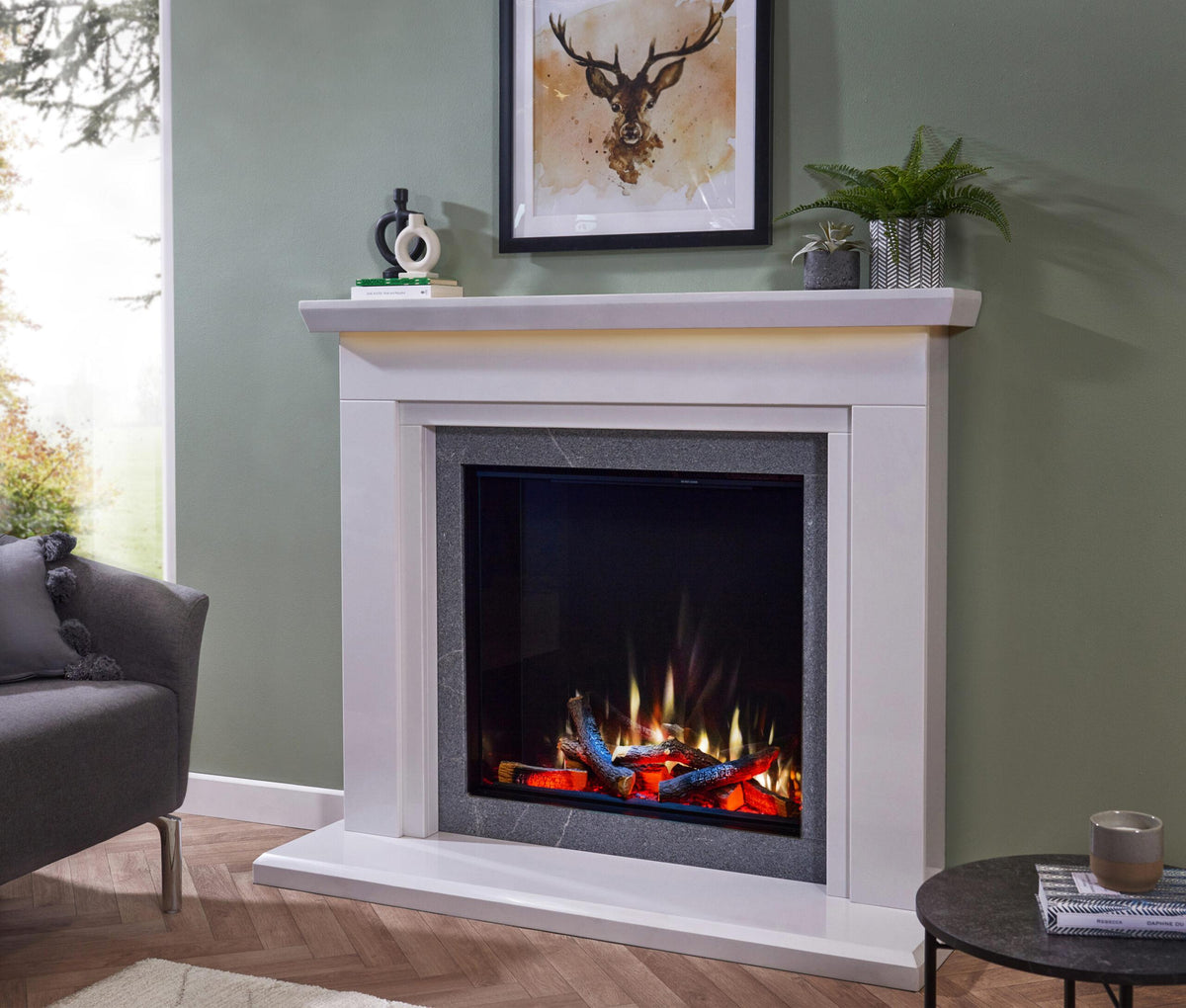 Charlton & Jenrick iRange i750e Deep with white flame in a Pudsey marble surround