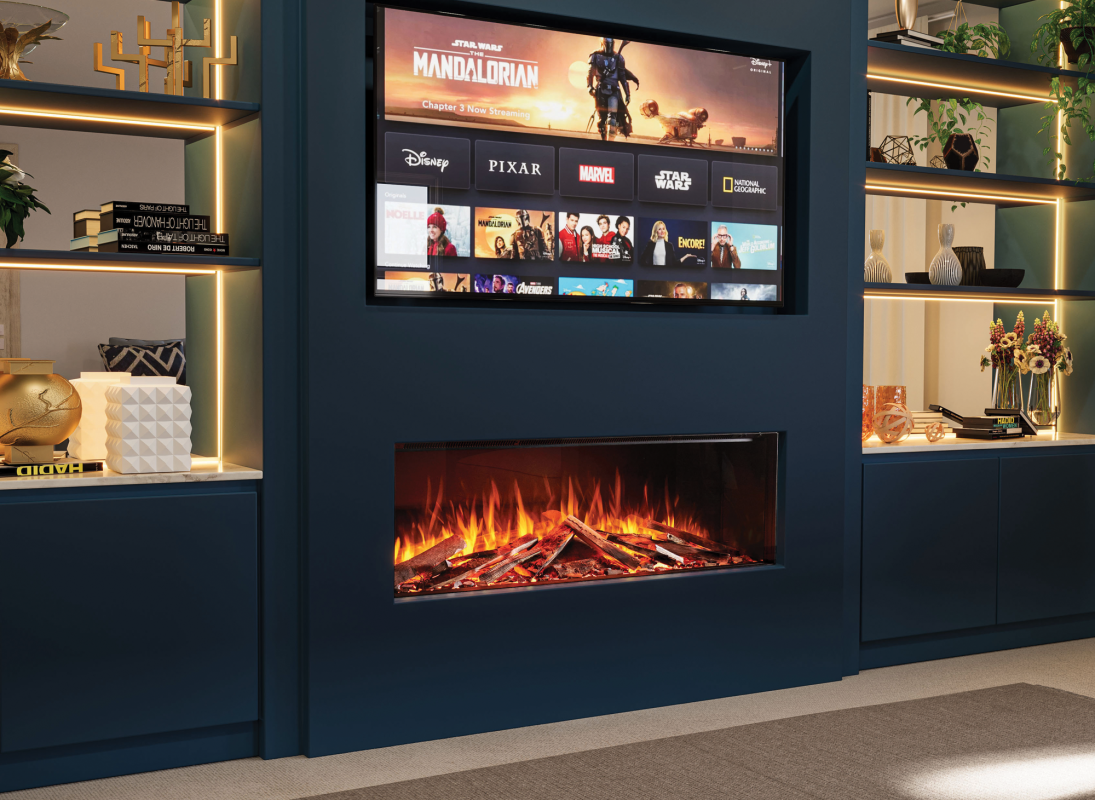 Solution Fires LUX 125 electric fire in a media wall with custom illumination