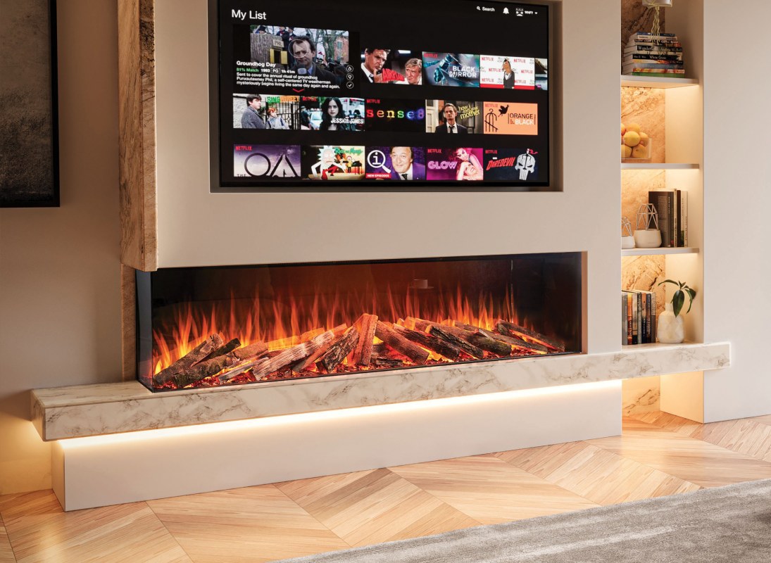 Solution Fires LUX 175 electric fire in a media wall with crackling fire audio
